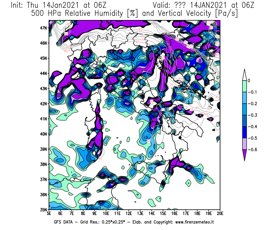 Mappa di analisi GFS - Umidità relativa [%] e Omega [Pa/s] a 500 hPa in Italia
							del 14/01/2021 06 <!--googleoff: index-->UTC<!--googleon: index-->