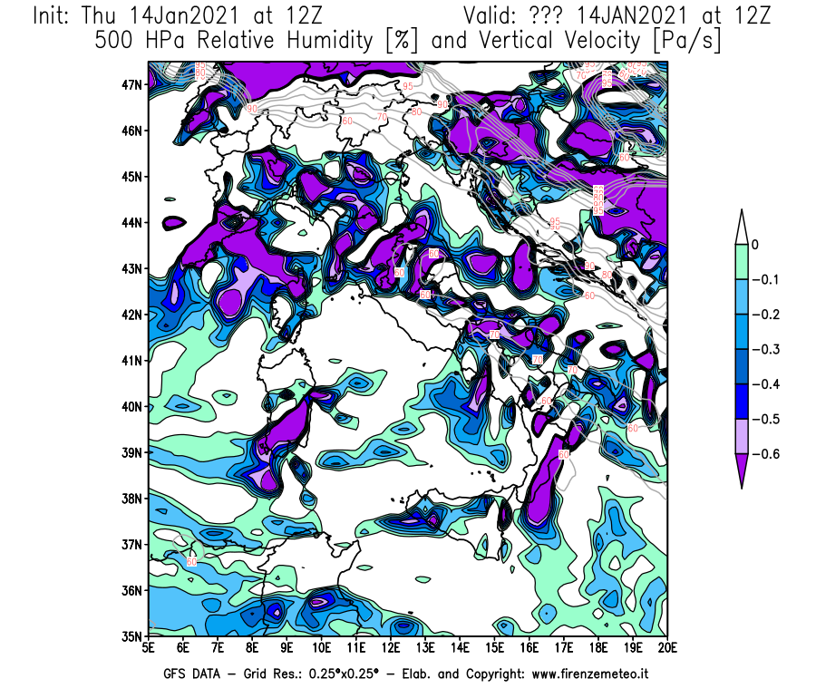Mappa di analisi GFS - Umidità relativa [%] e Omega [Pa/s] a 500 hPa in Italia
							del 14/01/2021 12 <!--googleoff: index-->UTC<!--googleon: index-->