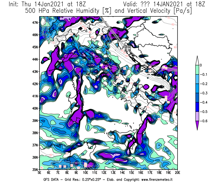 Mappa di analisi GFS - Umidità relativa [%] e Omega [Pa/s] a 500 hPa in Italia
							del 14/01/2021 18 <!--googleoff: index-->UTC<!--googleon: index-->