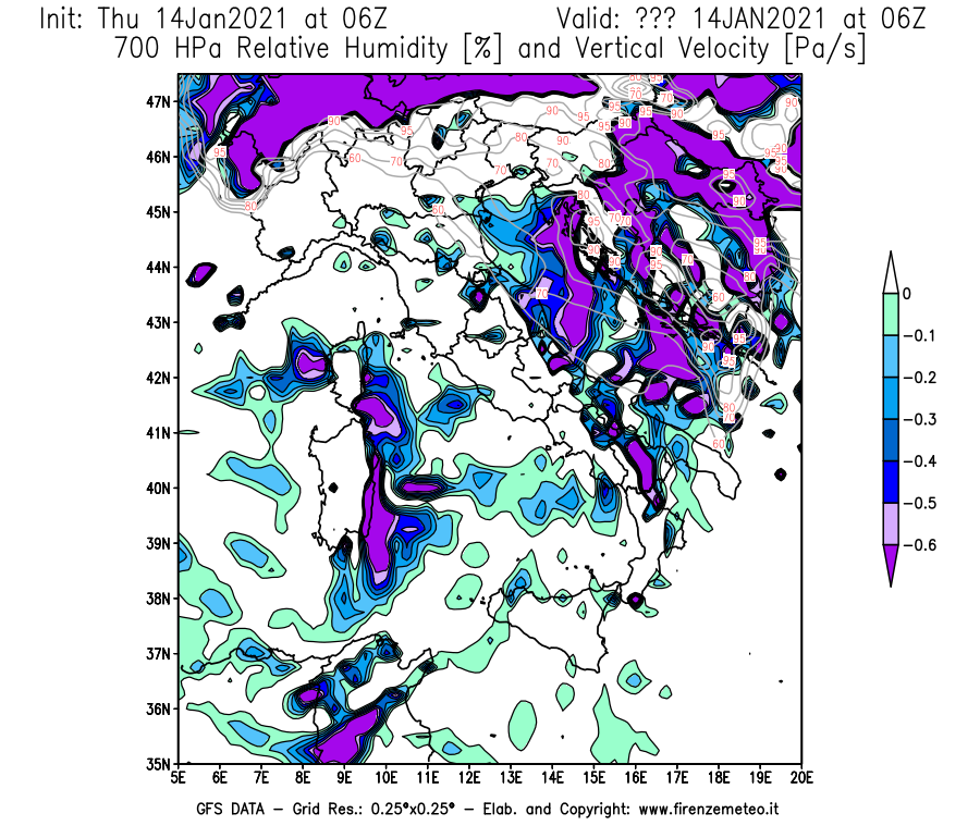 Mappa di analisi GFS - Umidità relativa [%] e Omega [Pa/s] a 700 hPa in Italia
							del 14/01/2021 06 <!--googleoff: index-->UTC<!--googleon: index-->