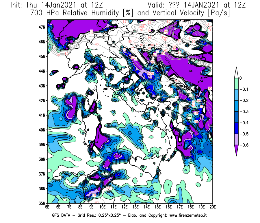 Mappa di analisi GFS - Umidità relativa [%] e Omega [Pa/s] a 700 hPa in Italia
							del 14/01/2021 12 <!--googleoff: index-->UTC<!--googleon: index-->
