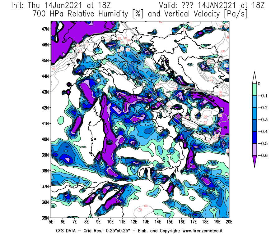 Mappa di analisi GFS - Umidità relativa [%] e Omega [Pa/s] a 700 hPa in Italia
							del 14/01/2021 18 <!--googleoff: index-->UTC<!--googleon: index-->