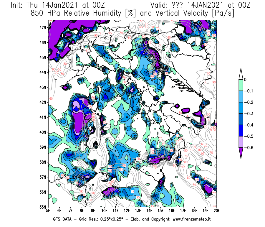 Mappa di analisi GFS - Umidità relativa [%] e Omega [Pa/s] a 850 hPa in Italia
									del 14/01/2021 00 <!--googleoff: index-->UTC<!--googleon: index-->