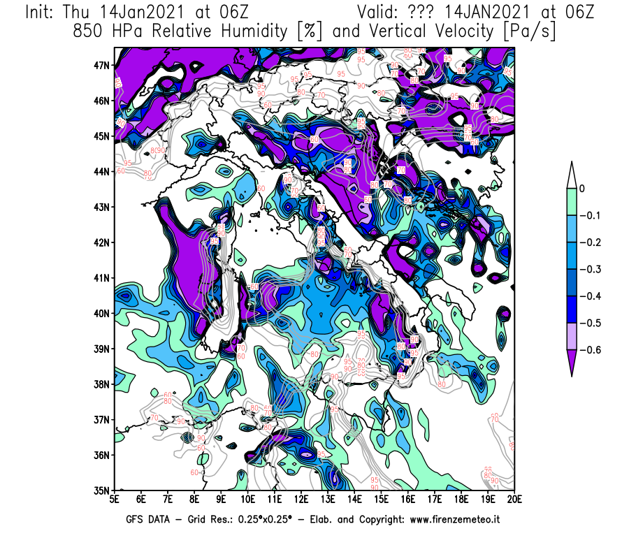 Mappa di analisi GFS - Umidità relativa [%] e Omega [Pa/s] a 850 hPa in Italia
									del 14/01/2021 06 <!--googleoff: index-->UTC<!--googleon: index-->