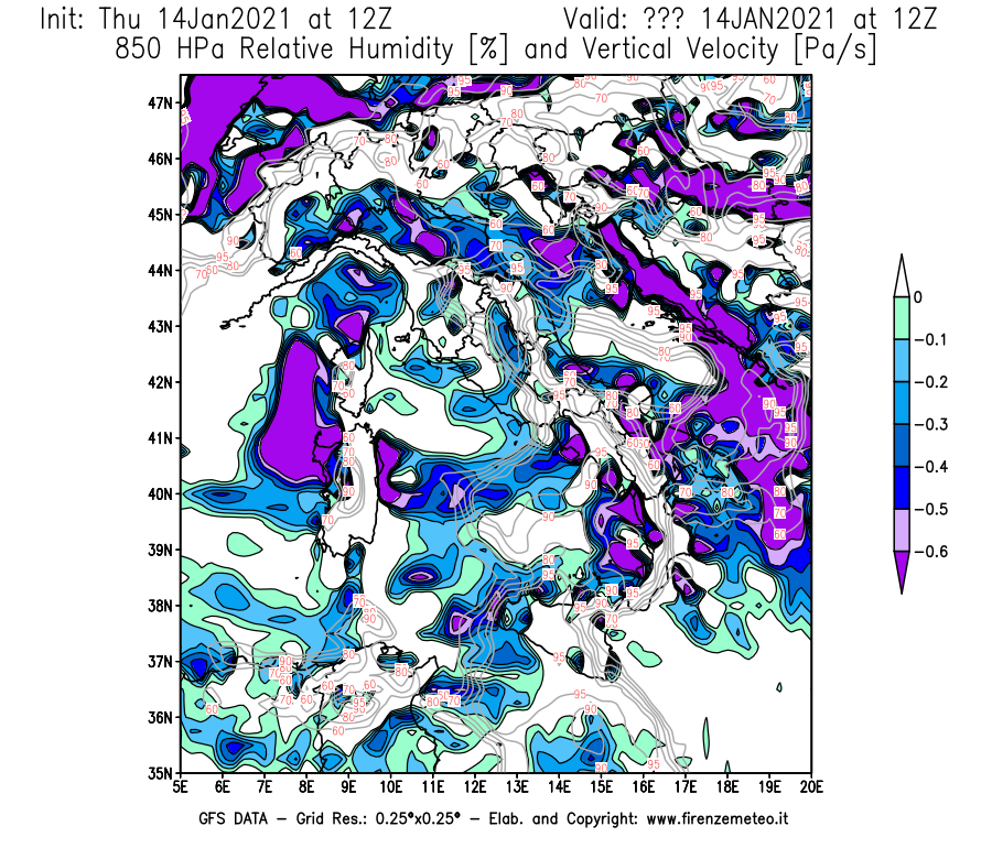 Mappa di analisi GFS - Umidità relativa [%] e Omega [Pa/s] a 850 hPa in Italia
							del 14/01/2021 12 <!--googleoff: index-->UTC<!--googleon: index-->