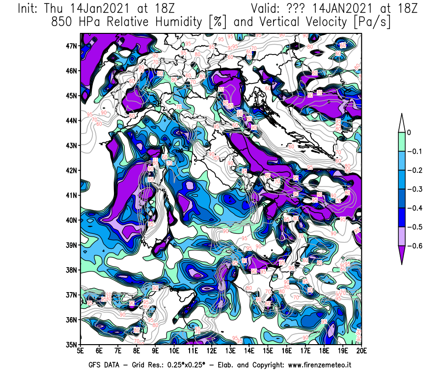 Mappa di analisi GFS - Umidità relativa [%] e Omega [Pa/s] a 850 hPa in Italia
							del 14/01/2021 18 <!--googleoff: index-->UTC<!--googleon: index-->