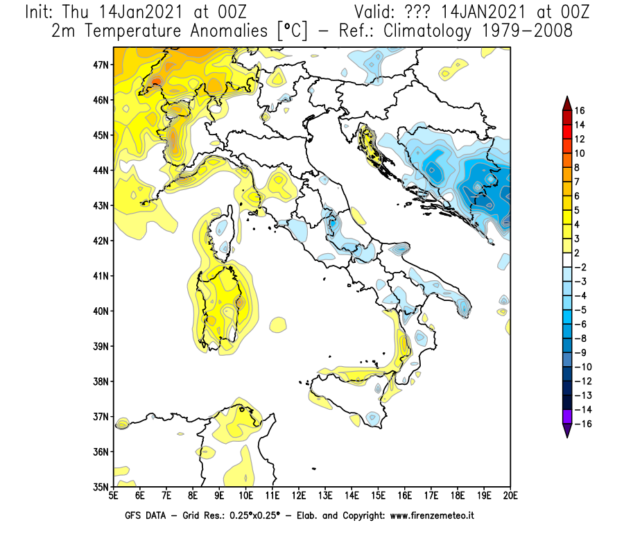 Mappa di analisi GFS - Anomalia Temperatura [°C] a 2 m in Italia
							del 14/01/2021 00 <!--googleoff: index-->UTC<!--googleon: index-->