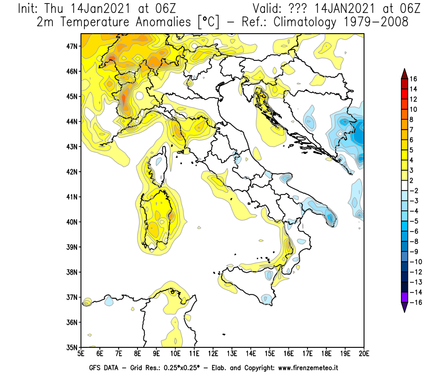 Mappa di analisi GFS - Anomalia Temperatura [°C] a 2 m in Italia
									del 14/01/2021 06 <!--googleoff: index-->UTC<!--googleon: index-->