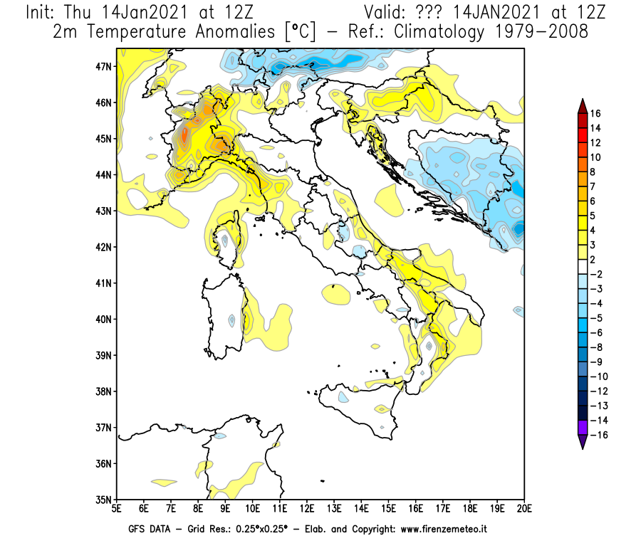 Mappa di analisi GFS - Anomalia Temperatura [°C] a 2 m in Italia
							del 14/01/2021 12 <!--googleoff: index-->UTC<!--googleon: index-->