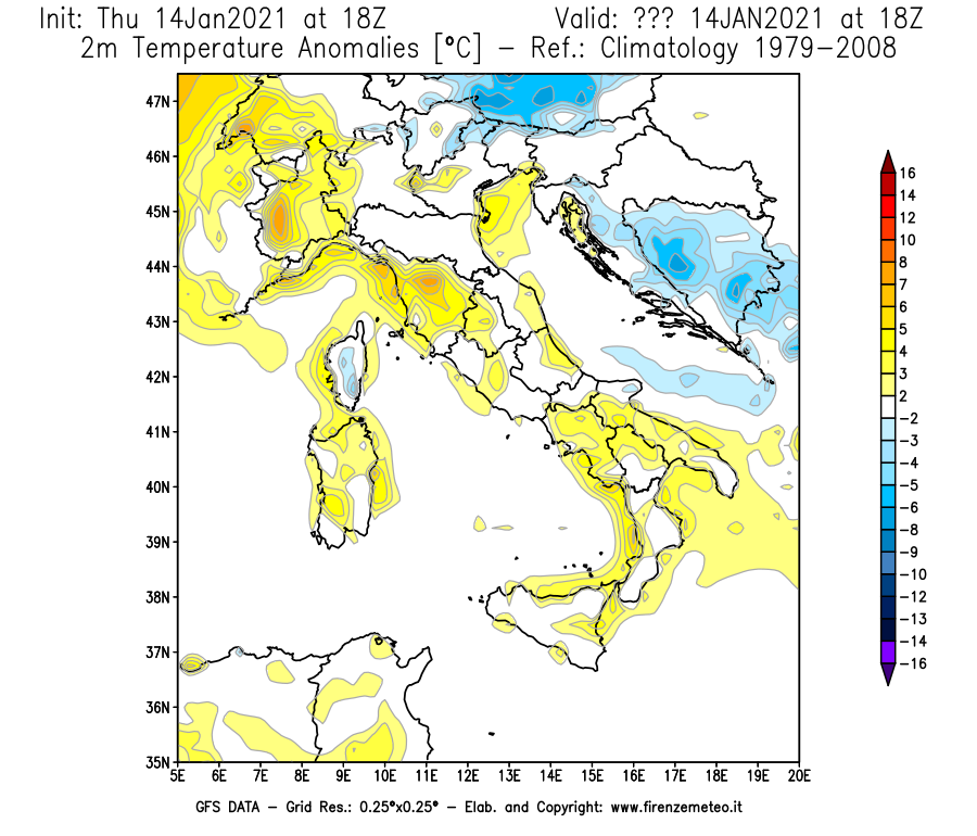 Mappa di analisi GFS - Anomalia Temperatura [°C] a 2 m in Italia
									del 14/01/2021 18 <!--googleoff: index-->UTC<!--googleon: index-->