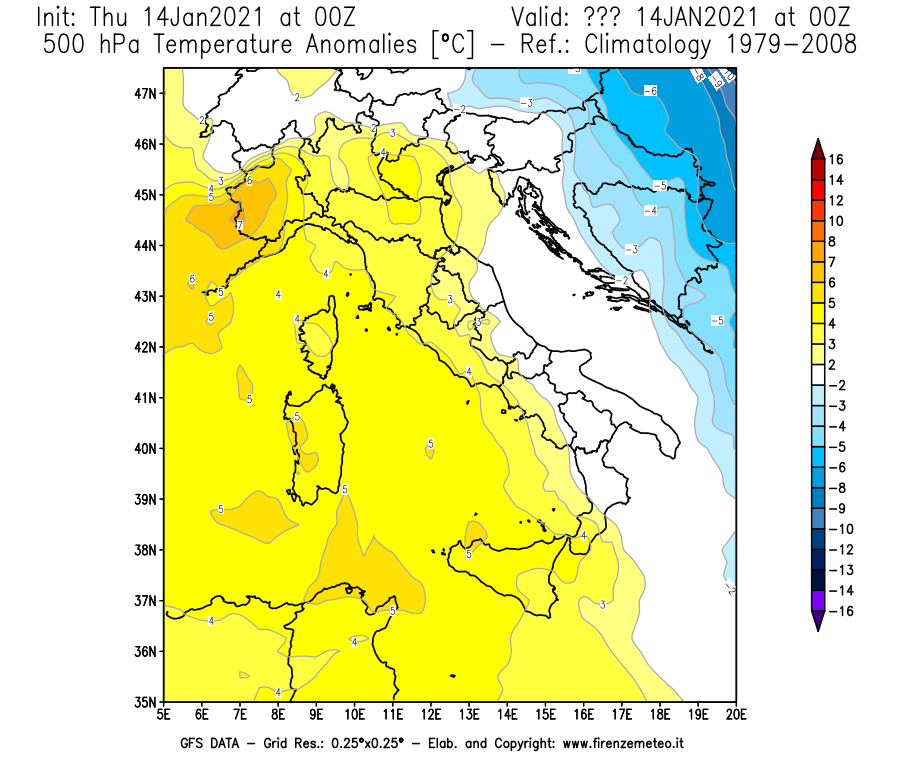 Mappa di analisi GFS - Anomalia Temperatura [°C] a 500 hPa in Italia
							del 14/01/2021 00 <!--googleoff: index-->UTC<!--googleon: index-->
