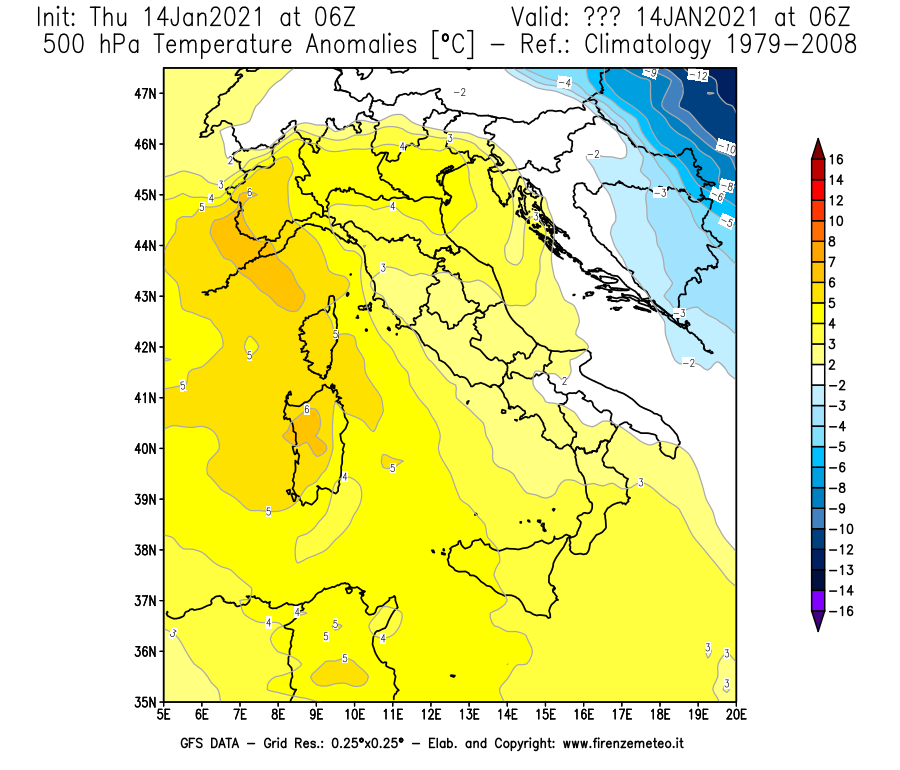 Mappa di analisi GFS - Anomalia Temperatura [°C] a 500 hPa in Italia
									del 14/01/2021 06 <!--googleoff: index-->UTC<!--googleon: index-->