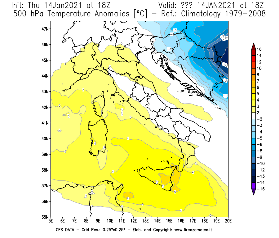 Mappa di analisi GFS - Anomalia Temperatura [°C] a 500 hPa in Italia
									del 14/01/2021 18 <!--googleoff: index-->UTC<!--googleon: index-->