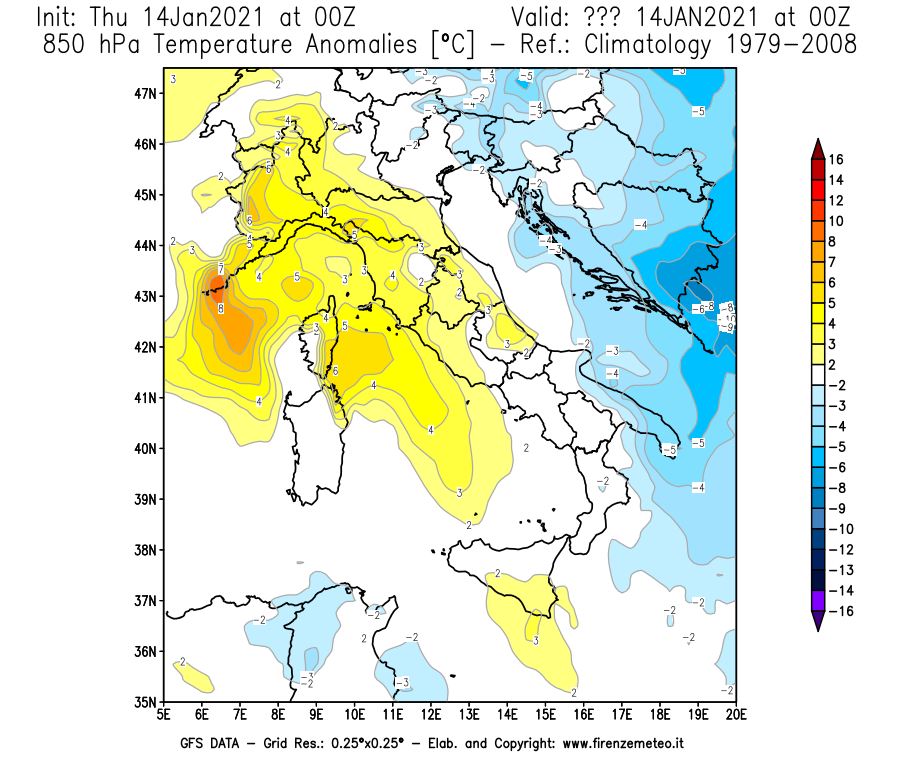 Mappa di analisi GFS - Anomalia Temperatura [°C] a 850 hPa in Italia
							del 14/01/2021 00 <!--googleoff: index-->UTC<!--googleon: index-->