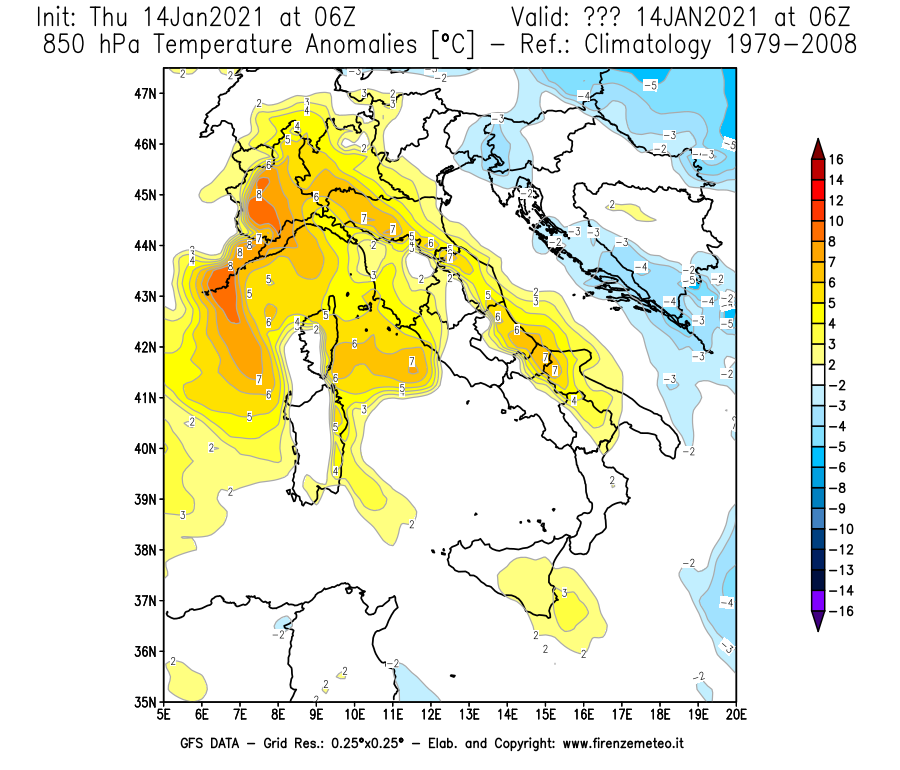 Mappa di analisi GFS - Anomalia Temperatura [°C] a 850 hPa in Italia
									del 14/01/2021 06 <!--googleoff: index-->UTC<!--googleon: index-->