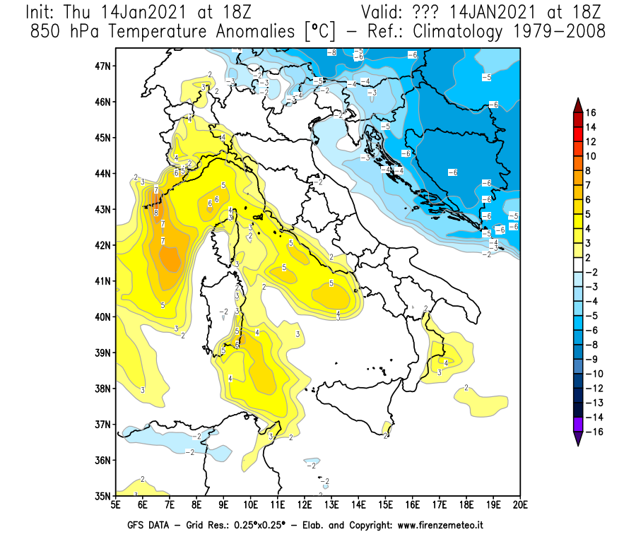Mappa di analisi GFS - Anomalia Temperatura [°C] a 850 hPa in Italia
							del 14/01/2021 18 <!--googleoff: index-->UTC<!--googleon: index-->
