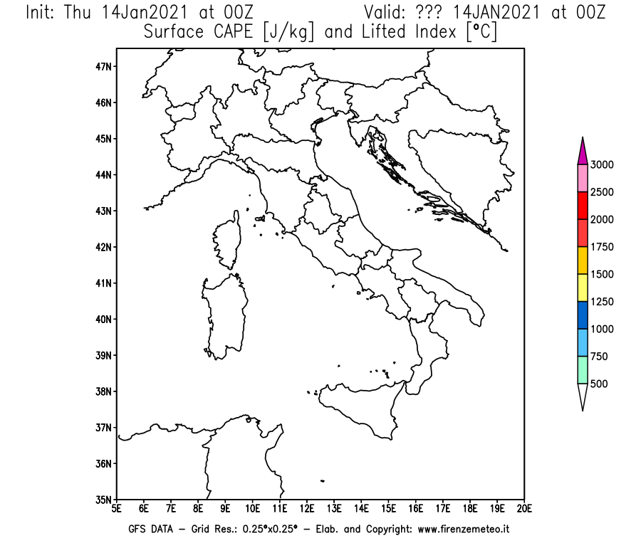 Mappa di analisi GFS - CAPE [J/kg] e Lifted Index [°C] in Italia
							del 14/01/2021 00 <!--googleoff: index-->UTC<!--googleon: index-->