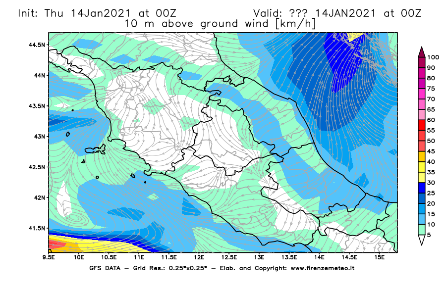 Mappa di analisi GFS - Velocità del vento a 10 metri dal suolo [km/h] in Centro-Italia
							del 14/01/2021 00 <!--googleoff: index-->UTC<!--googleon: index-->