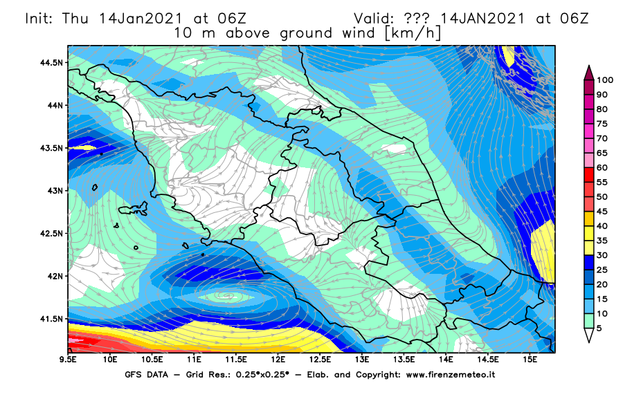 Mappa di analisi GFS - Velocità del vento a 10 metri dal suolo [km/h] in Centro-Italia
							del 14/01/2021 06 <!--googleoff: index-->UTC<!--googleon: index-->