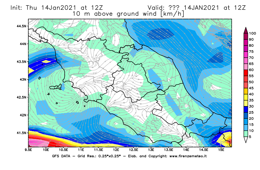 Mappa di analisi GFS - Velocità del vento a 10 metri dal suolo [km/h] in Centro-Italia
									del 14/01/2021 12 <!--googleoff: index-->UTC<!--googleon: index-->