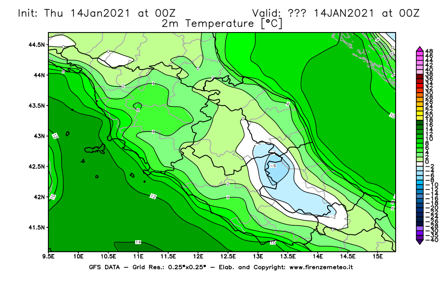 Mappa di analisi GFS - Temperatura a 2 metri dal suolo [°C] in Centro-Italia
							del 14/01/2021 00 <!--googleoff: index-->UTC<!--googleon: index-->