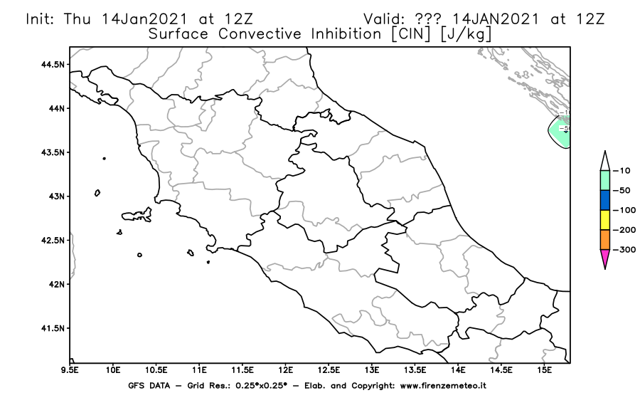 Mappa di analisi GFS - CIN [J/kg] in Centro-Italia
									del 14/01/2021 12 <!--googleoff: index-->UTC<!--googleon: index-->
