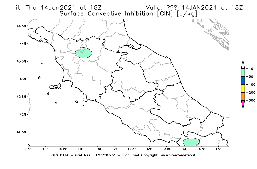 Mappa di analisi GFS - CIN [J/kg] in Centro-Italia
									del 14/01/2021 18 <!--googleoff: index-->UTC<!--googleon: index-->