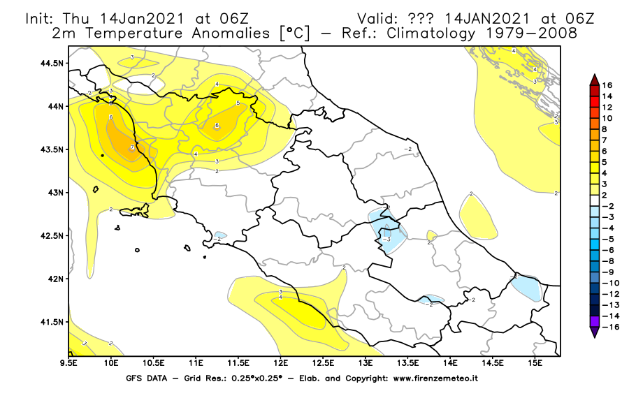 Mappa di analisi GFS - Anomalia Temperatura [°C] a 2 m in Centro-Italia
									del 14/01/2021 06 <!--googleoff: index-->UTC<!--googleon: index-->