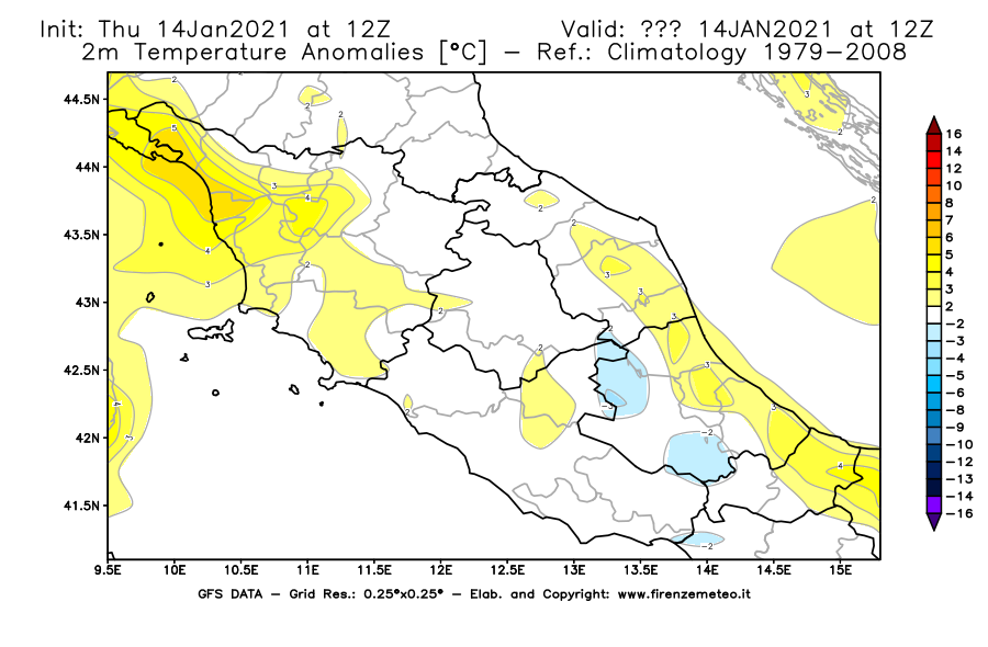 Mappa di analisi GFS - Anomalia Temperatura [°C] a 2 m in Centro-Italia
									del 14/01/2021 12 <!--googleoff: index-->UTC<!--googleon: index-->
