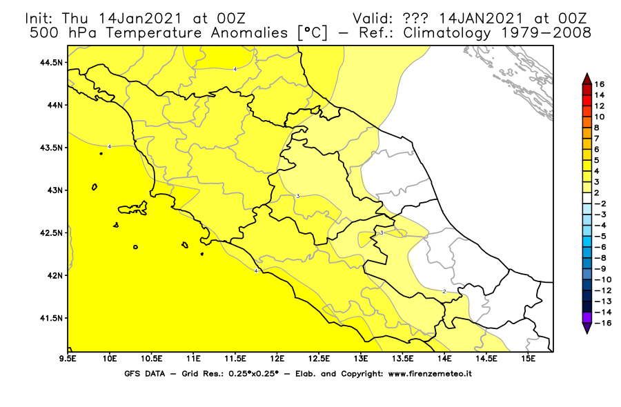 Mappa di analisi GFS - Anomalia Temperatura [°C] a 500 hPa in Centro-Italia
							del 14/01/2021 00 <!--googleoff: index-->UTC<!--googleon: index-->