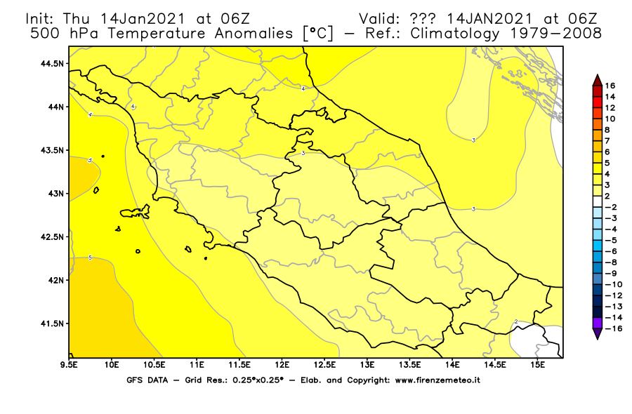 Mappa di analisi GFS - Anomalia Temperatura [°C] a 500 hPa in Centro-Italia
									del 14/01/2021 06 <!--googleoff: index-->UTC<!--googleon: index-->