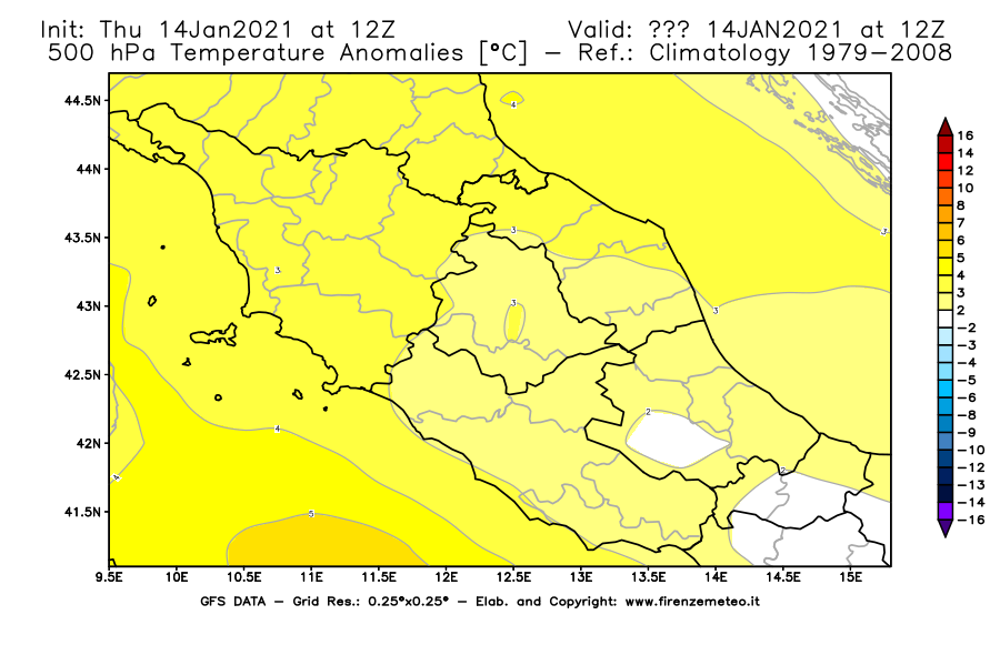 Mappa di analisi GFS - Anomalia Temperatura [°C] a 500 hPa in Centro-Italia
							del 14/01/2021 12 <!--googleoff: index-->UTC<!--googleon: index-->