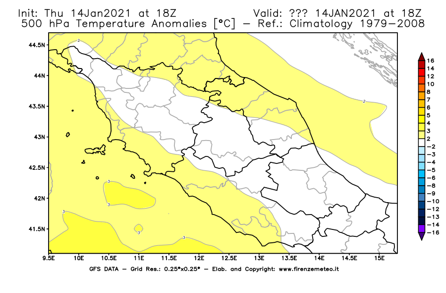 Mappa di analisi GFS - Anomalia Temperatura [°C] a 500 hPa in Centro-Italia
									del 14/01/2021 18 <!--googleoff: index-->UTC<!--googleon: index-->