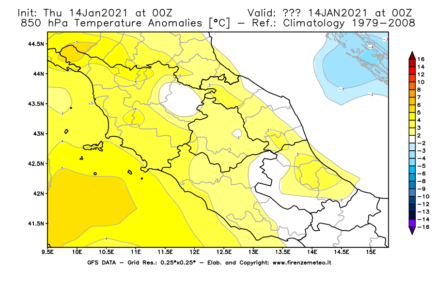 Mappa di analisi GFS - Anomalia Temperatura [°C] a 850 hPa in Centro-Italia
									del 14/01/2021 00 <!--googleoff: index-->UTC<!--googleon: index-->