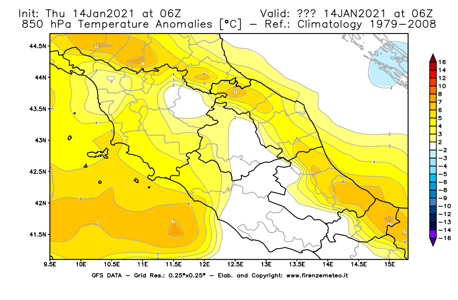 Mappa di analisi GFS - Anomalia Temperatura [°C] a 850 hPa in Centro-Italia
							del 14/01/2021 06 <!--googleoff: index-->UTC<!--googleon: index-->