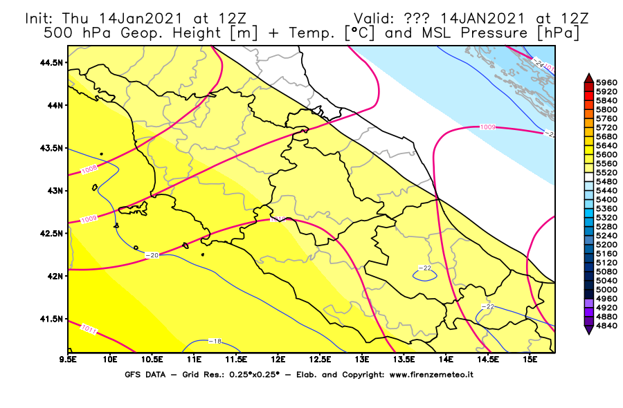 Mappa di analisi GFS - Geopotenziale [m] + Temp. [°C] a 500 hPa + Press. a livello del mare [hPa] in Centro-Italia
							del 14/01/2021 12 <!--googleoff: index-->UTC<!--googleon: index-->