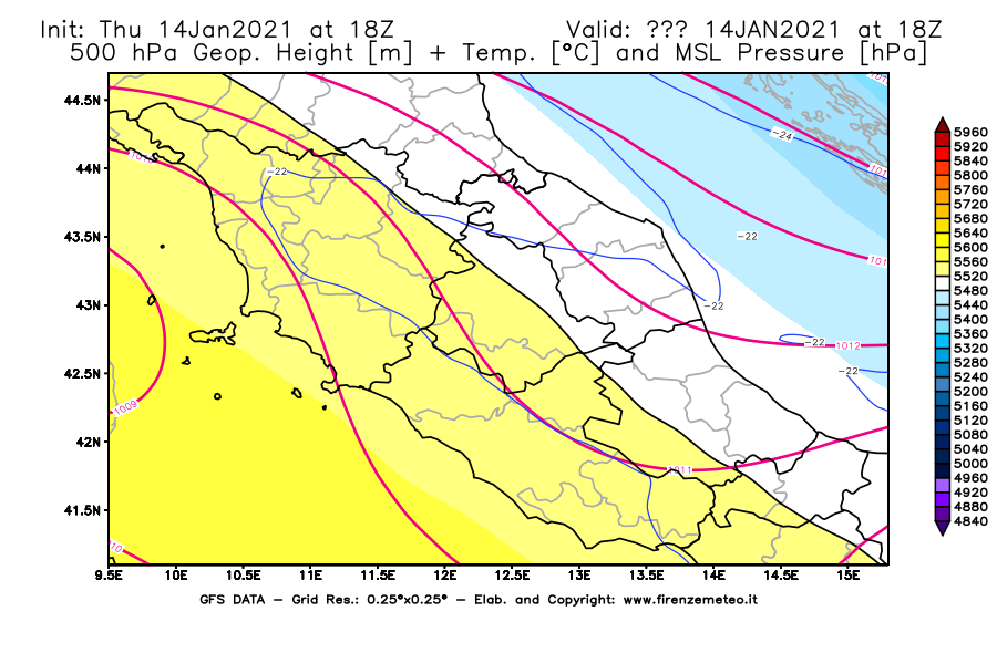 Mappa di analisi GFS - Geopotenziale [m] + Temp. [°C] a 500 hPa + Press. a livello del mare [hPa] in Centro-Italia
									del 14/01/2021 18 <!--googleoff: index-->UTC<!--googleon: index-->