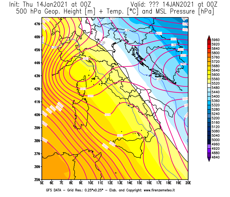 Mappa di analisi GFS - Geopotenziale [m] + Temp. [°C] a 500 hPa + Press. a livello del mare [hPa] in Italia
							del 14/01/2021 00 <!--googleoff: index-->UTC<!--googleon: index-->