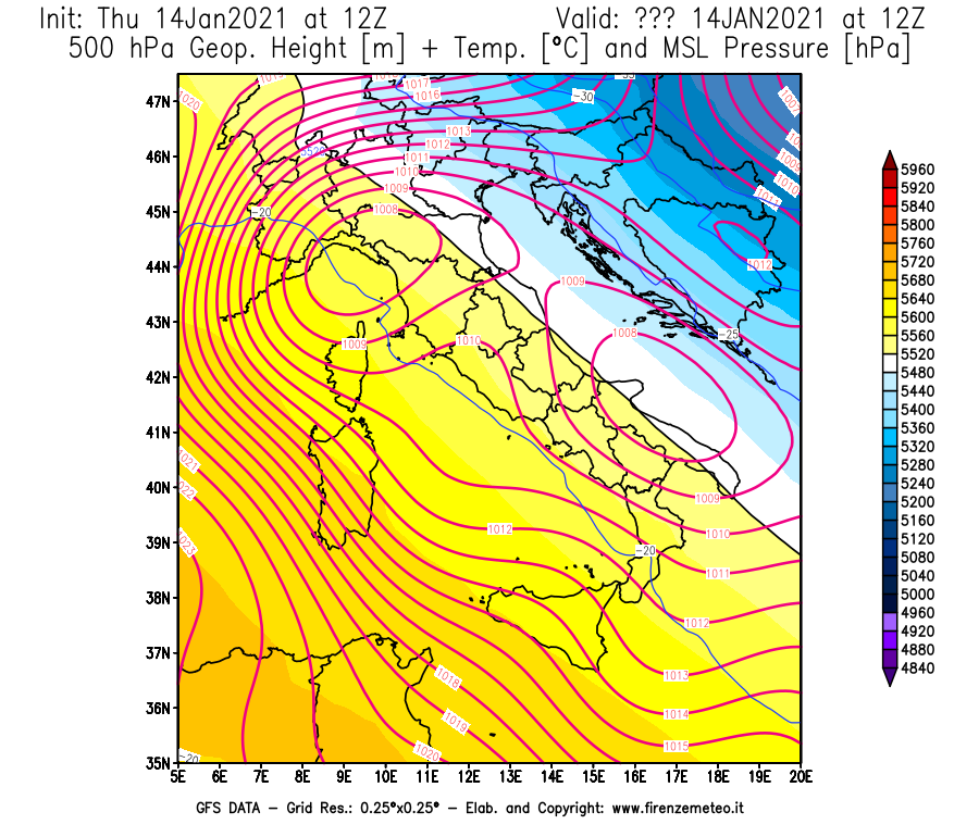 Mappa di analisi GFS - Geopotenziale [m] + Temp. [°C] a 500 hPa + Press. a livello del mare [hPa] in Italia
							del 14/01/2021 12 <!--googleoff: index-->UTC<!--googleon: index-->