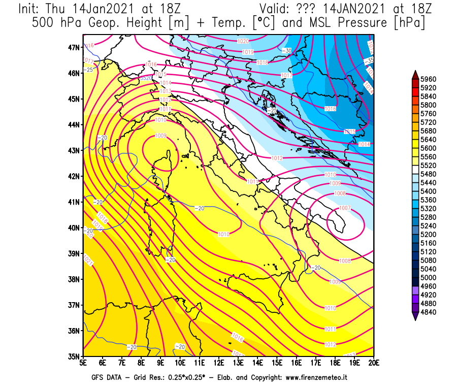 Mappa di analisi GFS - Geopotenziale [m] + Temp. [°C] a 500 hPa + Press. a livello del mare [hPa] in Italia
							del 14/01/2021 18 <!--googleoff: index-->UTC<!--googleon: index-->