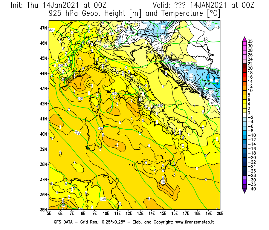 Mappa di analisi GFS - Geopotenziale [m] e Temperatura [°C] a 925 hPa in Italia
							del 14/01/2021 00 <!--googleoff: index-->UTC<!--googleon: index-->