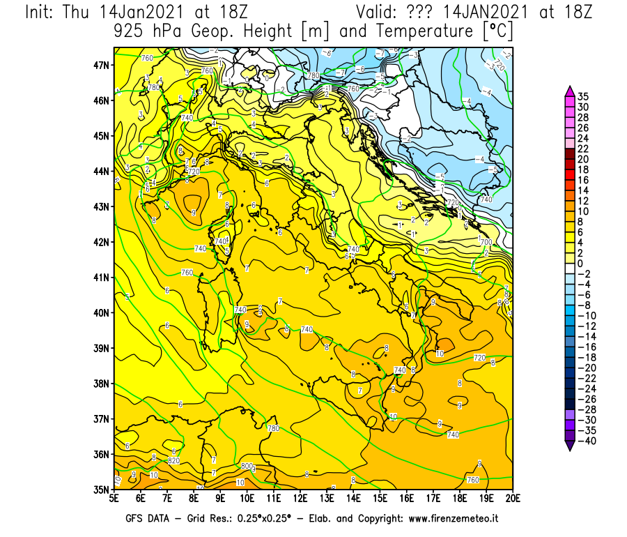 Mappa di analisi GFS - Geopotenziale [m] e Temperatura [°C] a 925 hPa in Italia
									del 14/01/2021 18 <!--googleoff: index-->UTC<!--googleon: index-->
