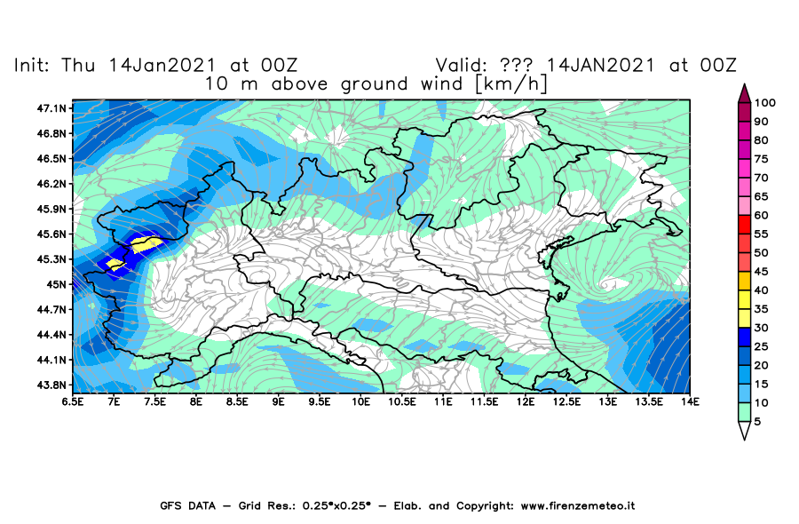 Mappa di analisi GFS - Velocità del vento a 10 metri dal suolo [km/h] in Nord-Italia
							del 14/01/2021 00 <!--googleoff: index-->UTC<!--googleon: index-->
