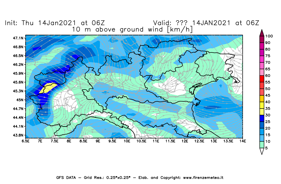 Mappa di analisi GFS - Velocità del vento a 10 metri dal suolo [km/h] in Nord-Italia
									del 14/01/2021 06 <!--googleoff: index-->UTC<!--googleon: index-->