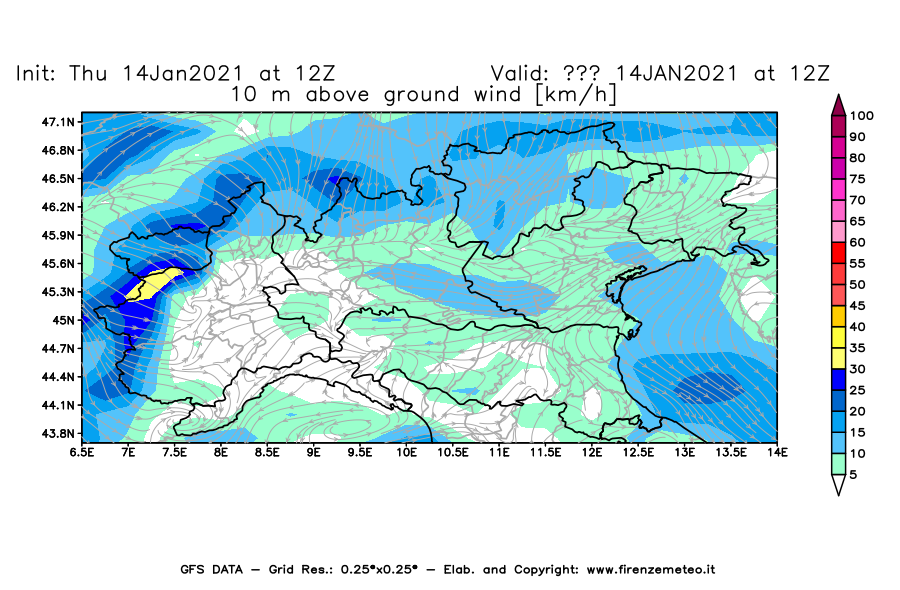 Mappa di analisi GFS - Velocità del vento a 10 metri dal suolo [km/h] in Nord-Italia
									del 14/01/2021 12 <!--googleoff: index-->UTC<!--googleon: index-->