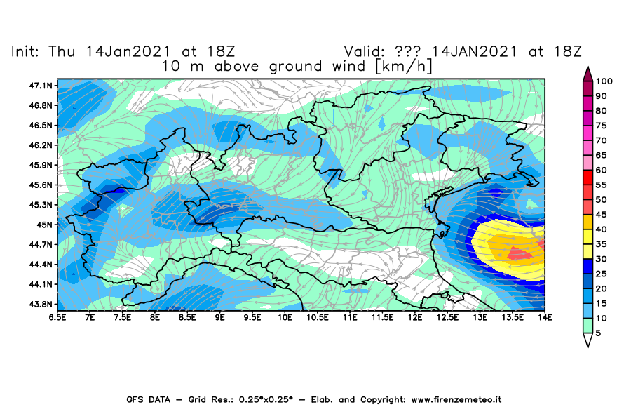 Mappa di analisi GFS - Velocità del vento a 10 metri dal suolo [km/h] in Nord-Italia
									del 14/01/2021 18 <!--googleoff: index-->UTC<!--googleon: index-->