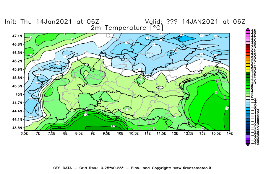 Mappa di analisi GFS - Temperatura a 2 metri dal suolo [°C] in Nord-Italia
									del 14/01/2021 06 <!--googleoff: index-->UTC<!--googleon: index-->