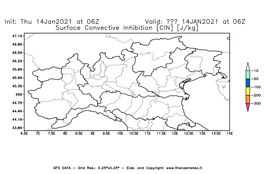 Mappa di analisi GFS - CIN [J/kg] in Nord-Italia
							del 14/01/2021 06 <!--googleoff: index-->UTC<!--googleon: index-->