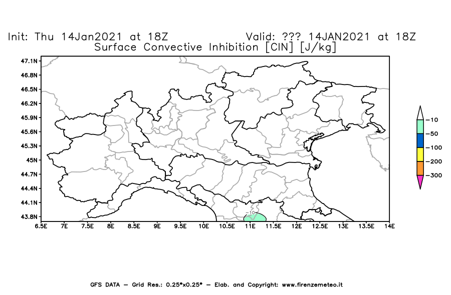 Mappa di analisi GFS - CIN [J/kg] in Nord-Italia
									del 14/01/2021 18 <!--googleoff: index-->UTC<!--googleon: index-->