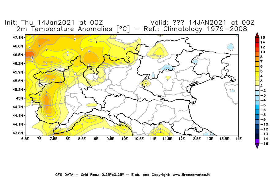 Mappa di analisi GFS - Anomalia Temperatura [°C] a 2 m in Nord-Italia
							del 14/01/2021 00 <!--googleoff: index-->UTC<!--googleon: index-->